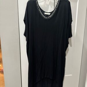 Black Short Sleeve Tunic Dress with Beaded Neckline by Velvet